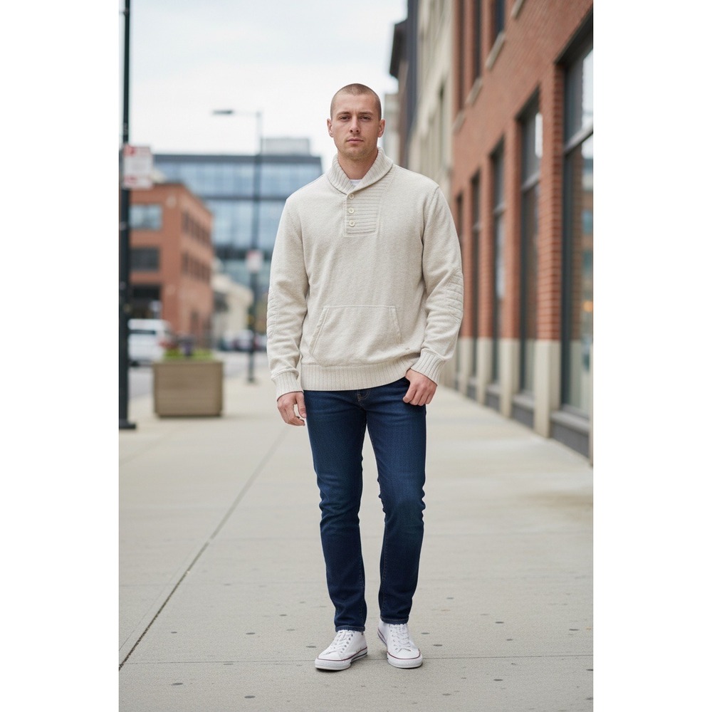 Polo Ralph Lauren Sweatshirt Mens XL Oatmeal Shawl Collar Elbow Patch Cotton